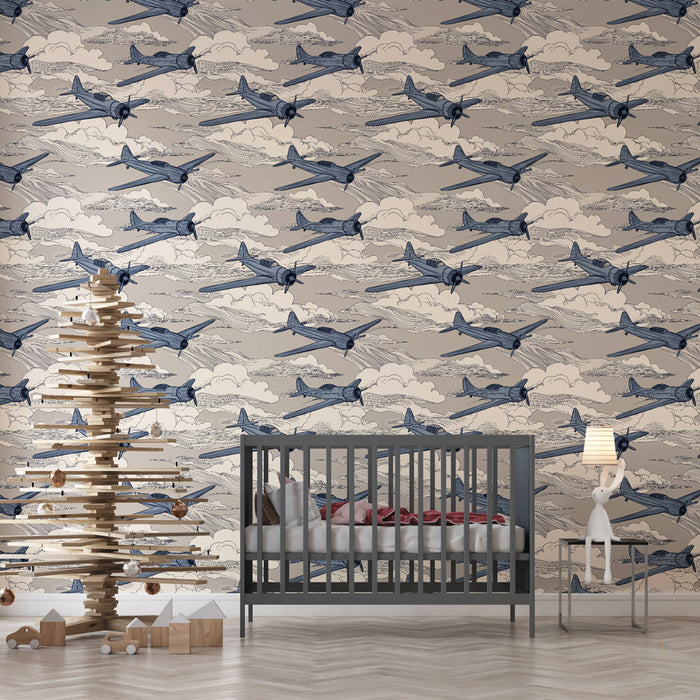 Mural Wallpaper retro planes | Vintage pattern of planes flying in a cloudy sky