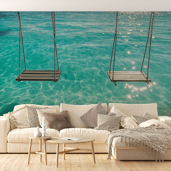 Fototapet schommel | Houten schommels boven sprankelend turquoise water
