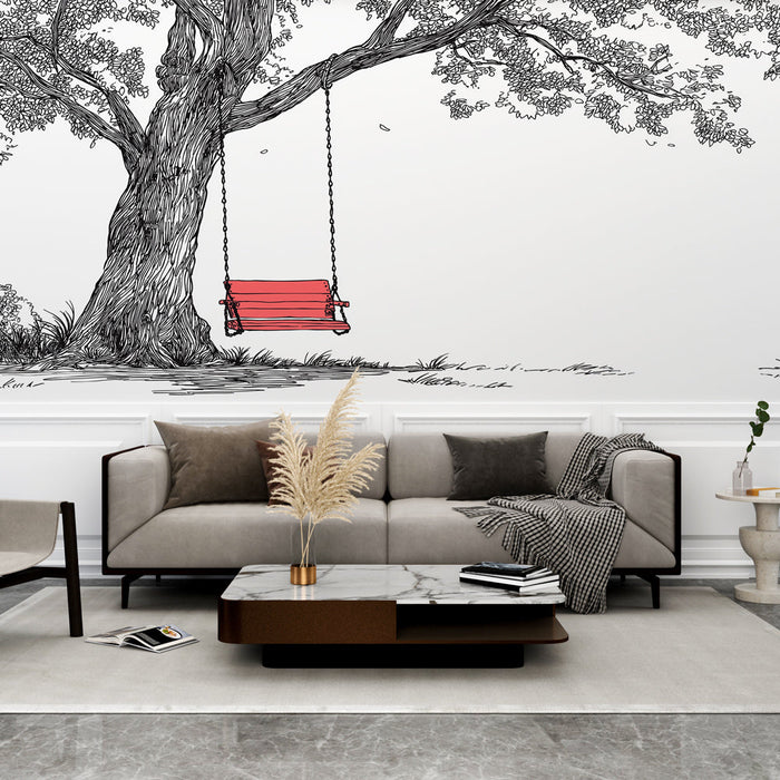 Tapeta huśtawka pod drzewem | Ilustracje natury w czarno-białym kolorze z nutką czerwieni