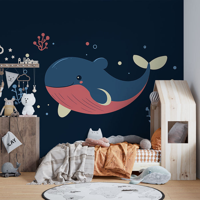 Fototapet balina | Renkli deniz arka planlarıyla sevimli balina deseni