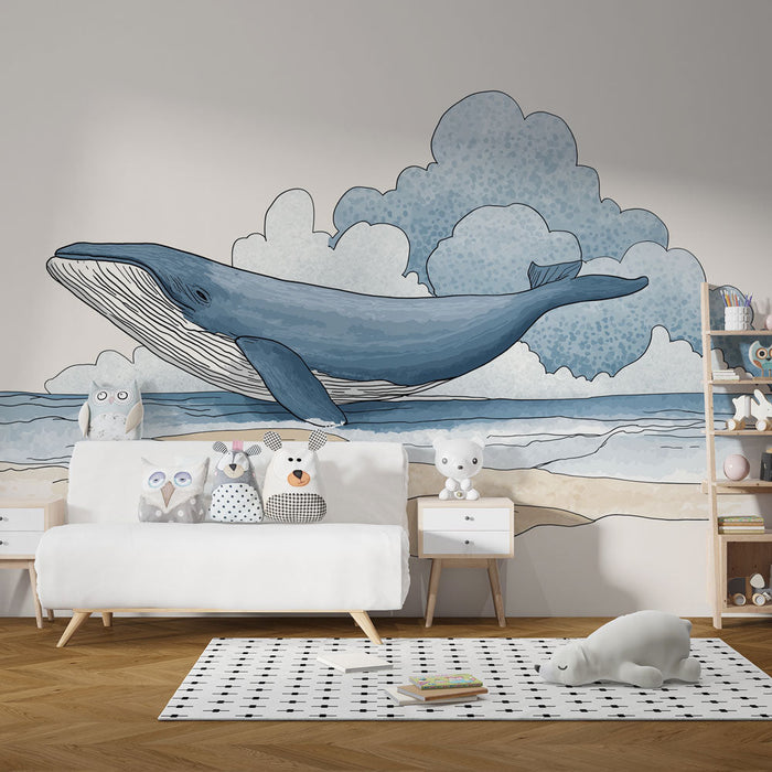 Tapete Wal | Majestätischer Wal, der aus den Wellen unter einem bewölkten Himmel auftaucht