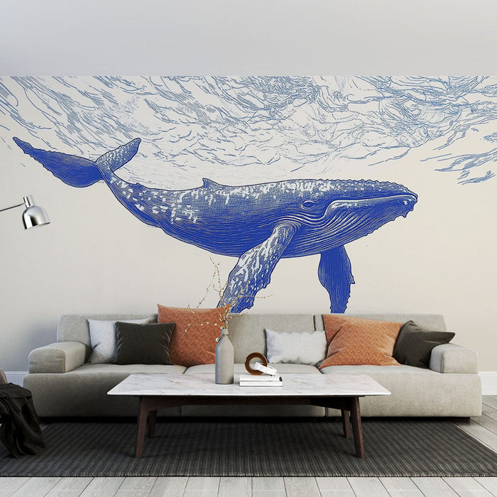 Falfestmény tapéta kék bálna | Művészi illusztráció egy fenséges bálnáról kék színben
