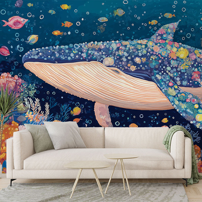 Mural Wallpaper colorful whale | Illustration of a whale adorned with flowers in a vibrant marine background
