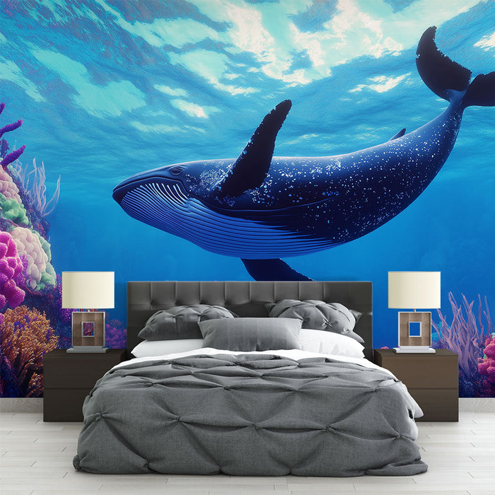 Papel pintado ballena | Elementos marinos vibrantes y majestuosos bajo el agua