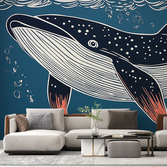 Ταπετσαρία τοιχογραφίας φάλαινα | Καλλιτεχνική απεικόνιση μιας μεγαλοπρεπούς φάλαινας σε έναν μπλε ωκεανό