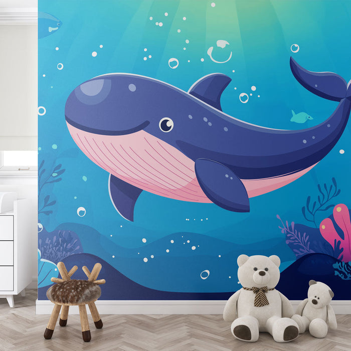 Tapete Wal | Farbenfrohe Illustration eines Wals, der unter Wasser schwimmt