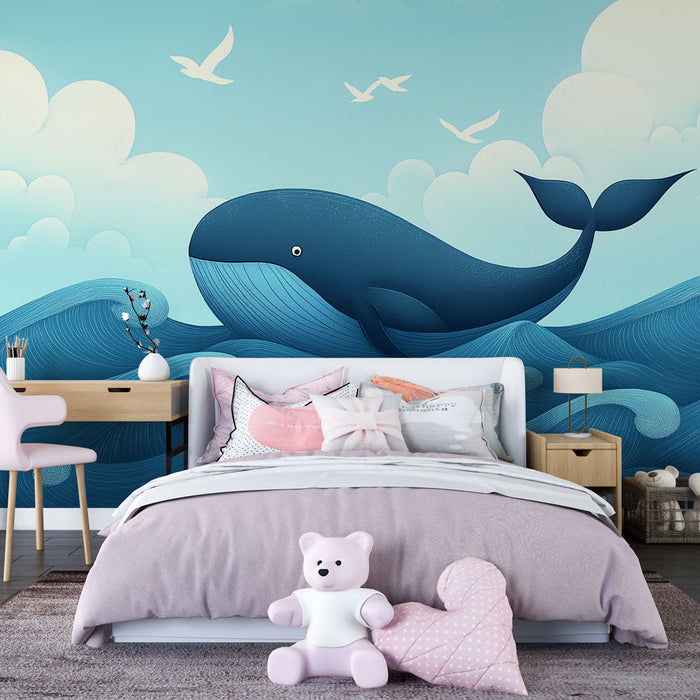 Papel pintado ballena | Ilustración de una ballena azul nadando en olas vibrantes