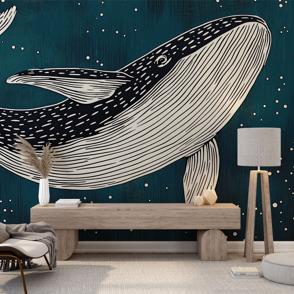 Papel pintado ballena | Ilustración de una ballena estilizada en un fo —  WonderMural, image size:1000x1000