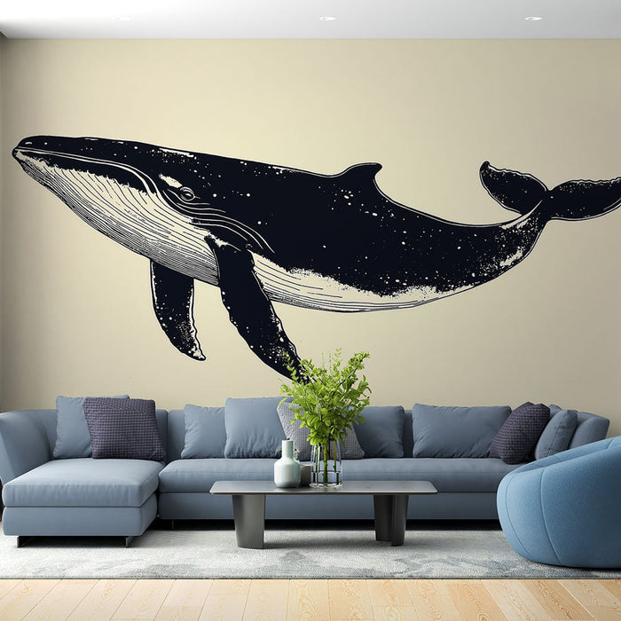 Fototapet hval | Elegant illustrasjon av en majestetisk hval i svart og hvitt
