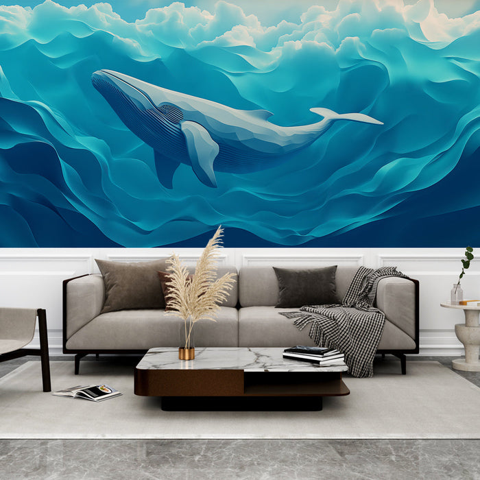 Mural Wallpaper whale | Modern illustration of a whale swimming under the blue waves