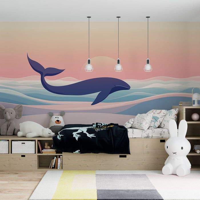 Tapeta whale | Stylizowana ilustracja wieloryba pływającego w kolorowych falach