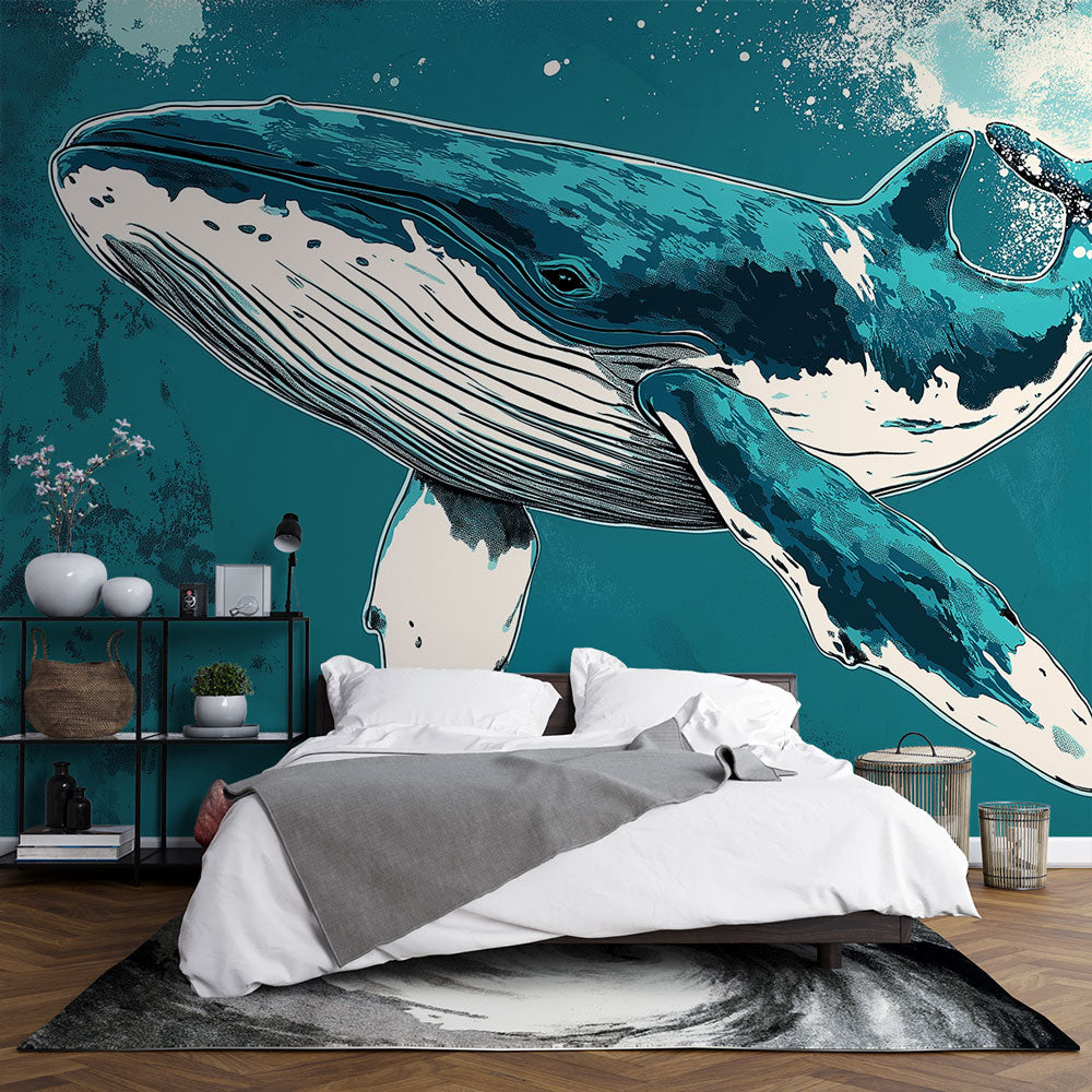 Papel pintado ballena | Ilustración estilizada de una majestuosa balle —  WonderMural, image size:1000x1000