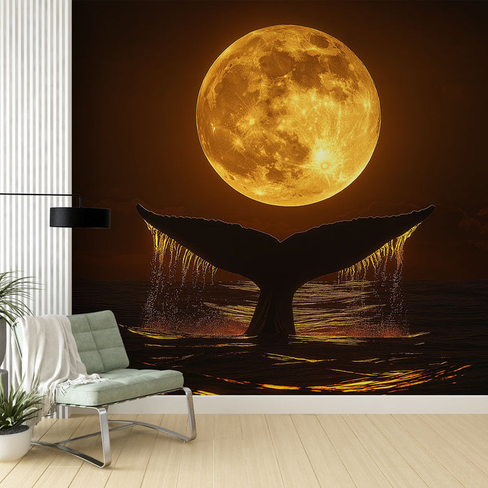 Papel de parede baleia | Oceano sob a lua cheia