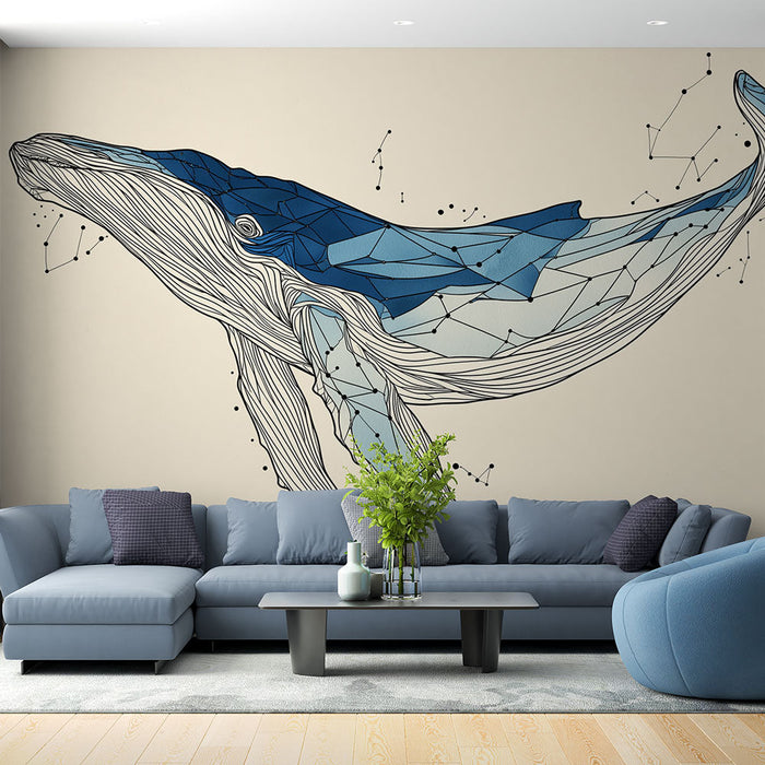Foto Behang walvis polygonaal | Walvis in blauw en wit met geometrische patronen