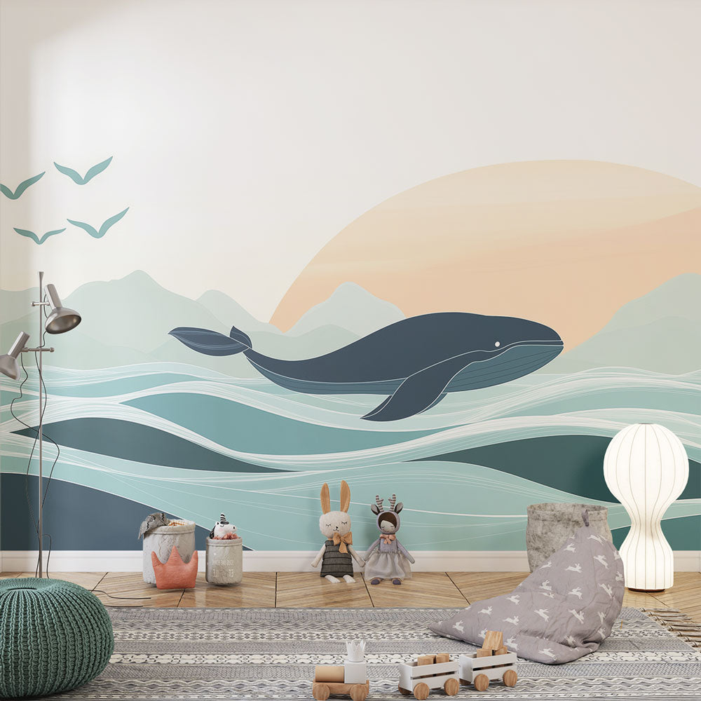 Papel pintado ballena | Una majestuosa ballena nadando entre olas tran —  WonderMural, image size:1000x1000