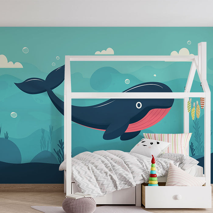 Carta da parati balena | Un'illustrazione giocosa di una balena in un oceano turchese
