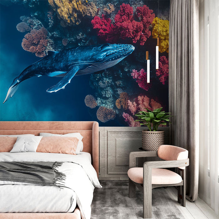 Foto Behang walvis | Een majestueuze walvis zwemmend tussen levendige koralen