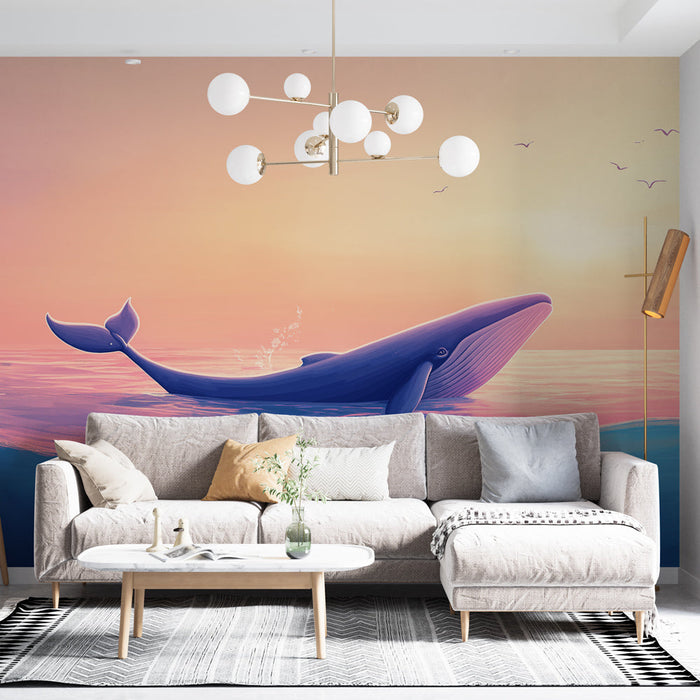 Falfestmény tapéta bálna | Egy fenséges bálna egy megnyugtató naplemente alatt