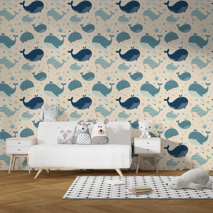 Fototapet valar | Lekfullt mönster av färgglada valar på en ljus bakgrund