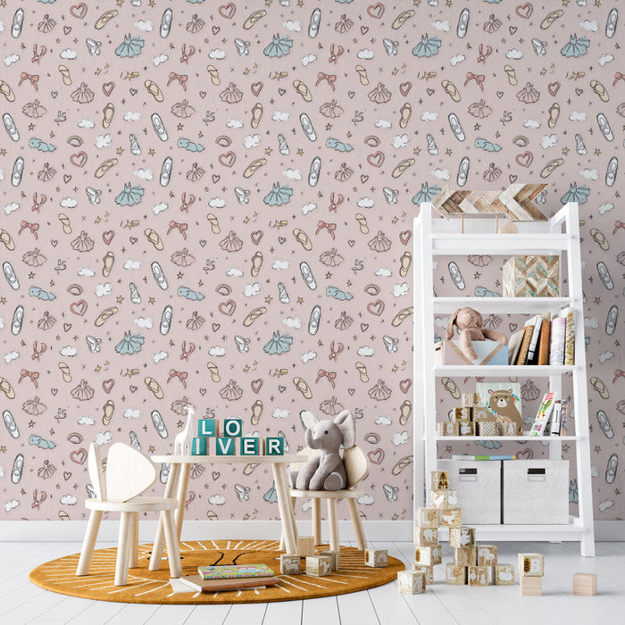 Tapete ballerina | Απαλά μοτίβα μπαλαρίνων, φορεμάτων και καρδιών σε ροζ φόντο