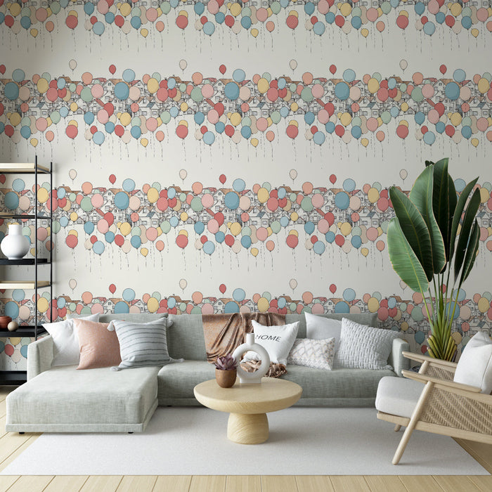 Tapeta s pestrobarevnými balónky | Radostný vzor létajících balónků nad pastelovými domky