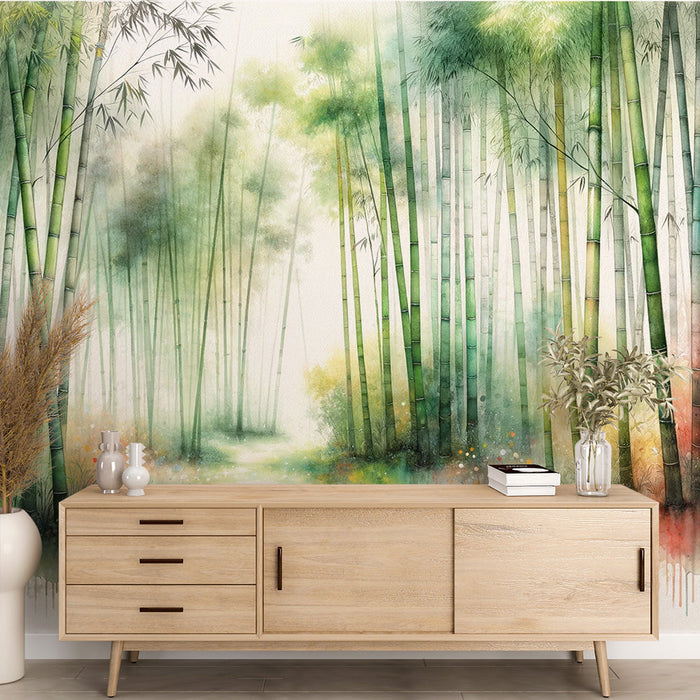 Bamboo Mural Wallpaper | Multicolored Watercolor