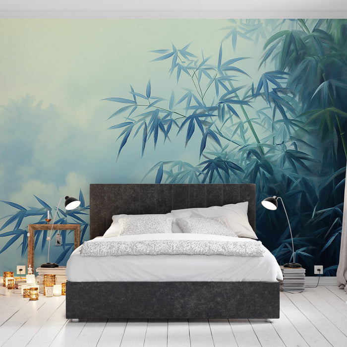 Mural Wallpaper blue bamboo | Soothing foliage and cloudy sky