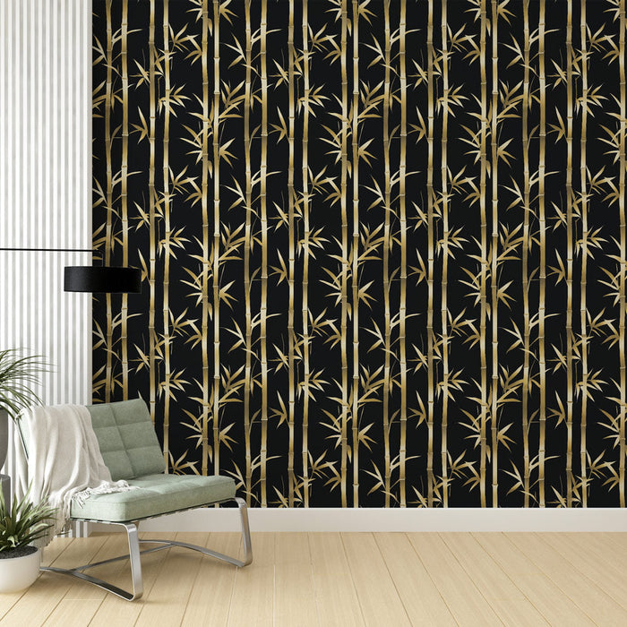 Gylden Bambus Fototapet | Elegant bambusmønster på en sort baggrund