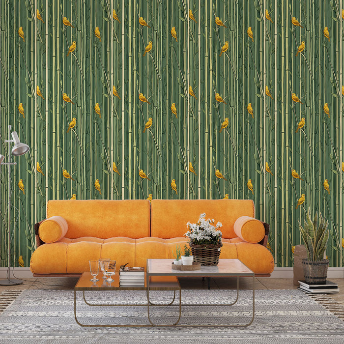Fototapet bambu ve kuşlar | Yeşil bambu ve sarı kuşların renkli deseni