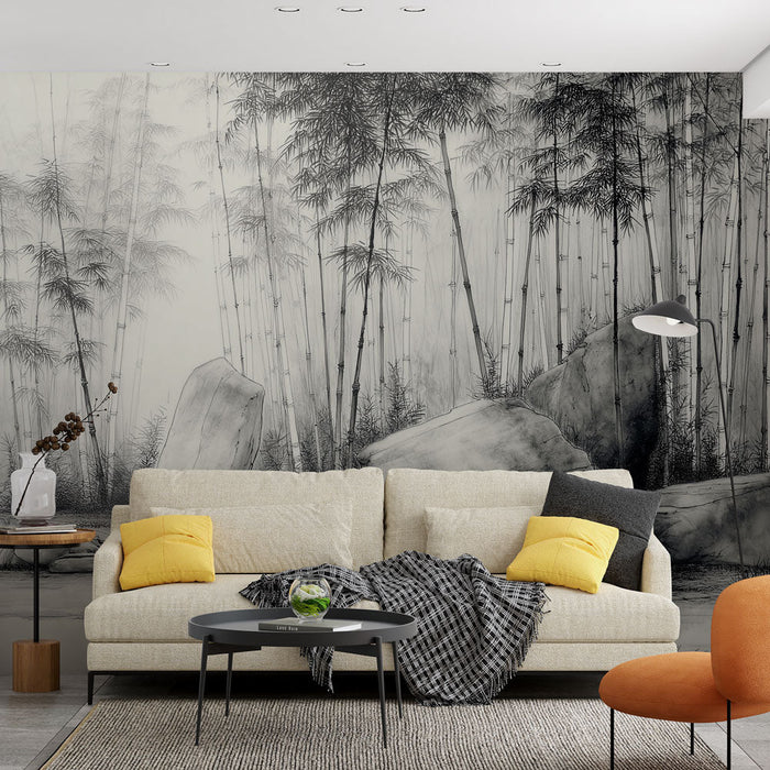 Bambus og Sten Fototapet | Zen-landskab i sort og hvid