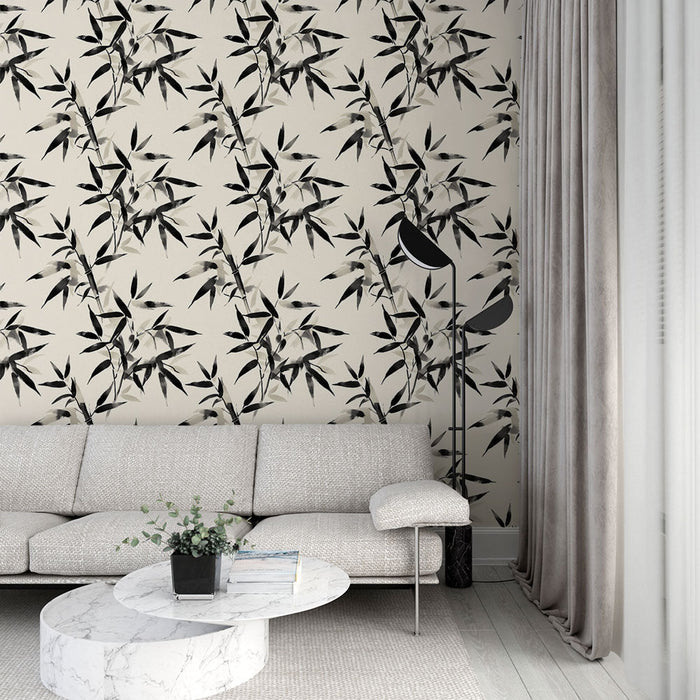 Fototapet bambu | Krem arka plan üzerinde siyah bambu motif