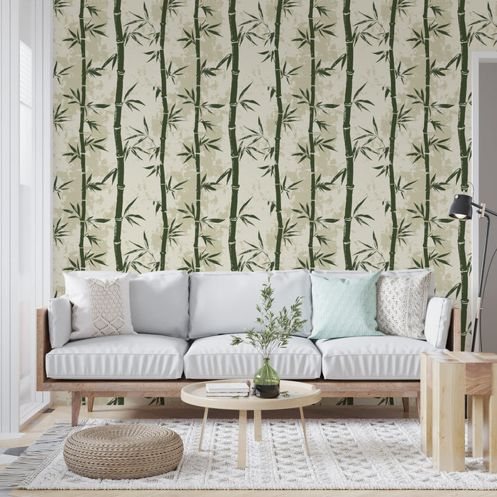 Foto Behang bamboe | Groen bamboe patroon op een crèmekleurige achtergrond