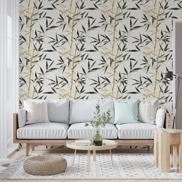 Papel pintado de bambú | Patrón de tallos de bambú en negro, dorado y beige
