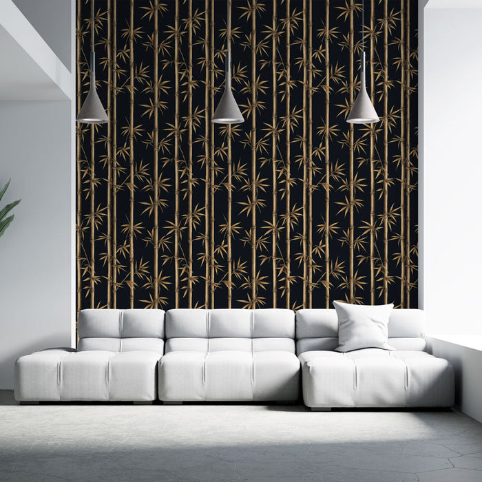 Tapetti bambu | Bambunvarsien ja -lehtien kuvio mustalla taustalla