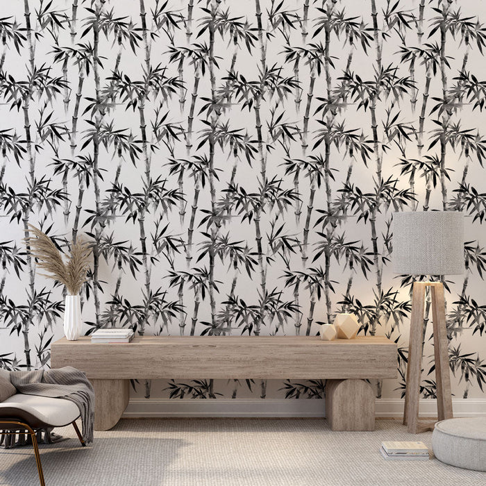 Tapet de bambus | Model alb și negru cu tulpini de bambus