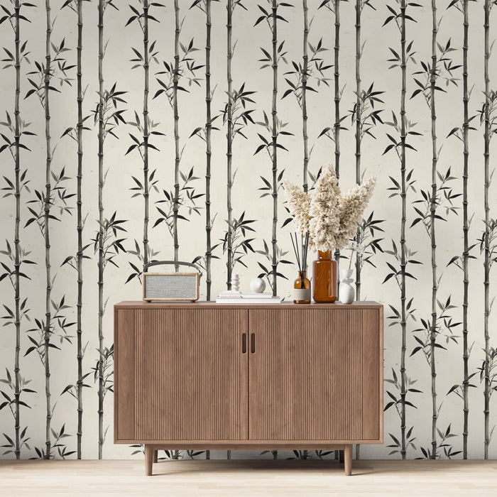 Fototapet bambus | Monokromt mønster af bambusstilke på en lys baggrund