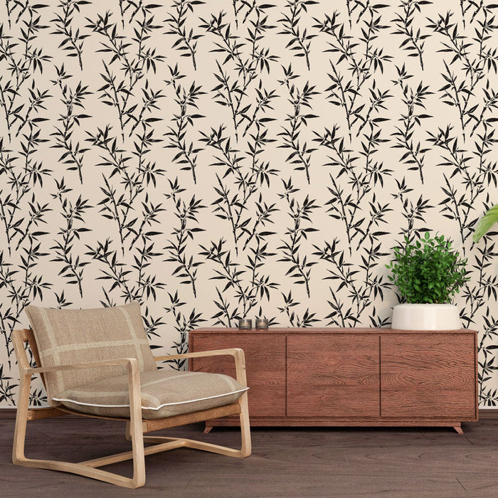 Tapetti Bambu | Mustat bambuaiheet kermataustalla