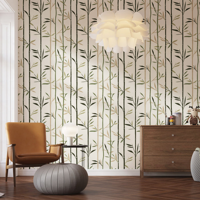 Fototapeet bambusest | Rohelised ja mustad bambusemustrid heledal taustal