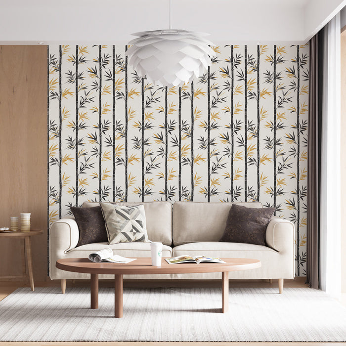 Mural Wallpaper bamboo | Black and yellow bamboo stalks on a light background