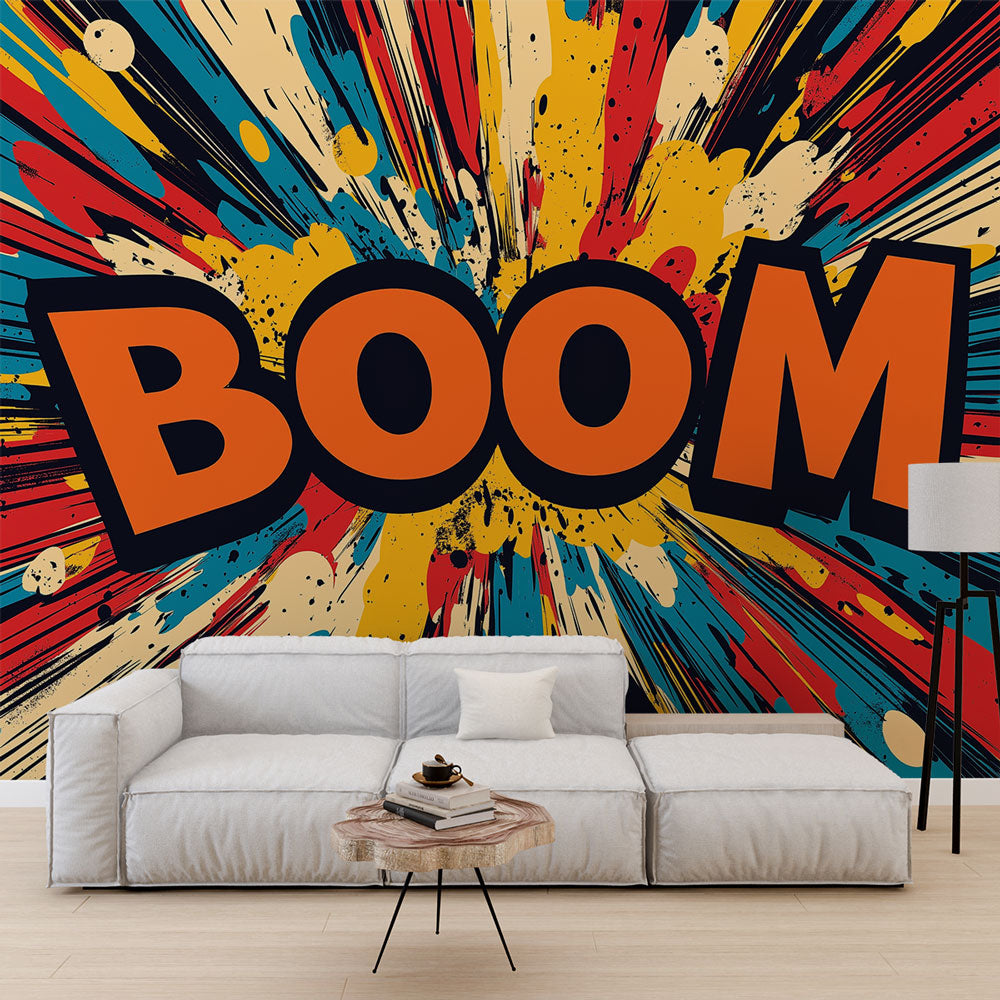Tapet Tegneserie stribe af farver | Dynamisk mønster med ordet 'BOOM'I18n  Error: Missing interpolation value \, image size:1000x1000