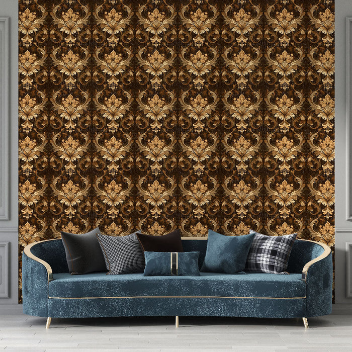 Barokni Tapete | Bogat cvjetni motiv na smeđoj pozadini