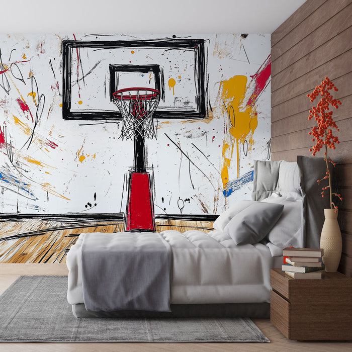 Papel pintado basketball | Diseño artístico de aro de baloncesto con salpicaduras de color