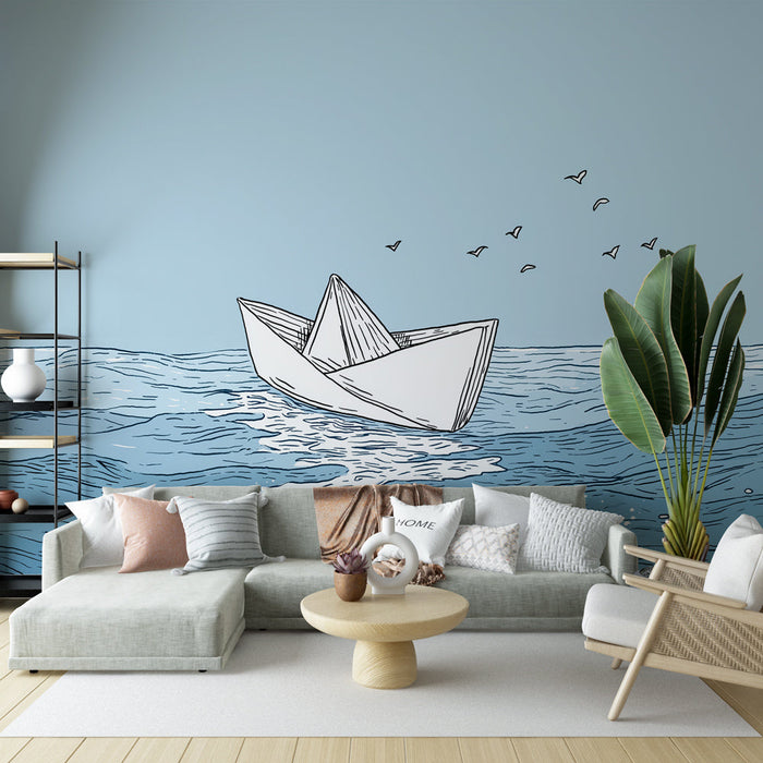 Fototapet čoln v papirju | Papirnati čoln pluje na stiliziranem morju