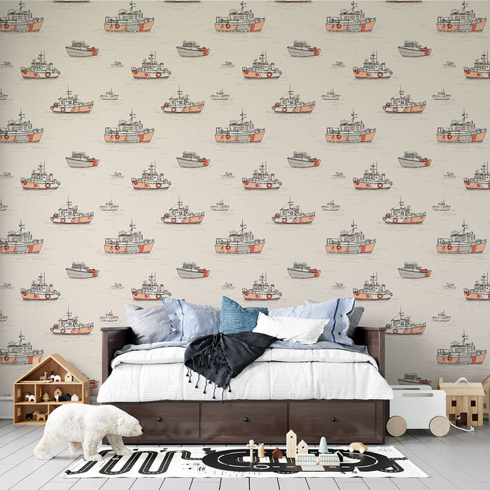 Tapete brodovi | Nautički uzorak s ilustriranim brodovima na svijetloj pozadini