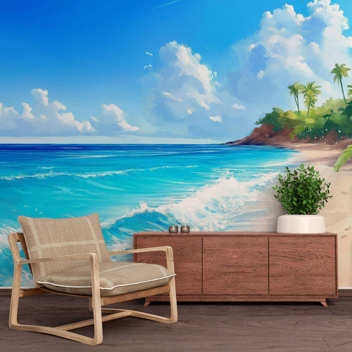 Mural Wallpaper beach | Tropical beach with turquoise waters and clear sky