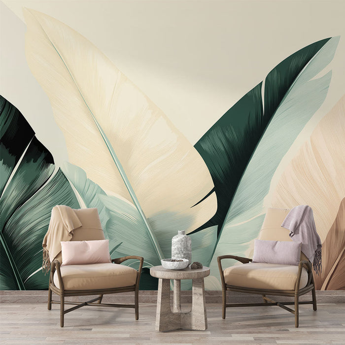 Ταπετσαρία τοίχου μπεζ με μοτίβα φύλλων | Καλλιτεχνικά απεικονισμένα τροπικά φύλλα σε απαλό φόντο