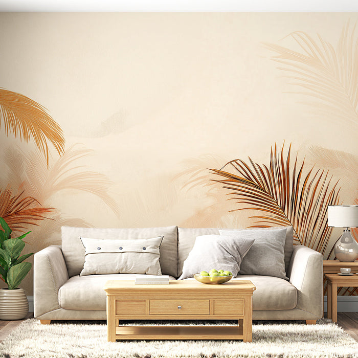 Tapetti beige trooppisella lehdistöllä | Oranssit lehdet hienovaraisesti sekoitettuna pehmeään taustaan