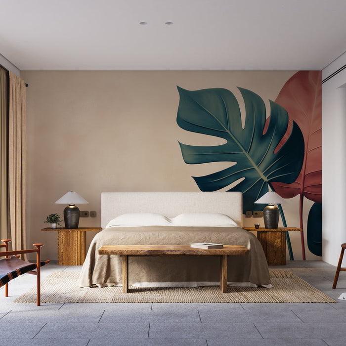 Tapete beige mit tropischem Laub | Stilvolle Blätter auf neutralem Hintergrund