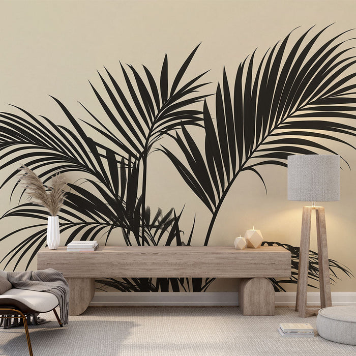 Ταπετσαρία τοίχου μπεζ με τροπικό φύλλωμα | Σιλουέτες από μαύρα φύλλα σε απαλό μπεζ φόντο