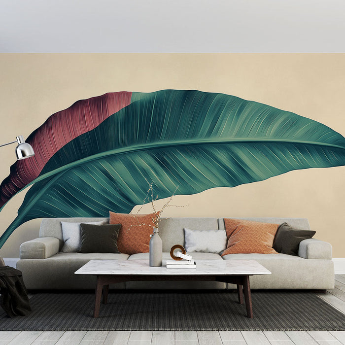 Ταπετσαρία μπεζ με σχέδιο φυλλώματος | Κομψό τροπικό φύλλο σε απαλό φόντο